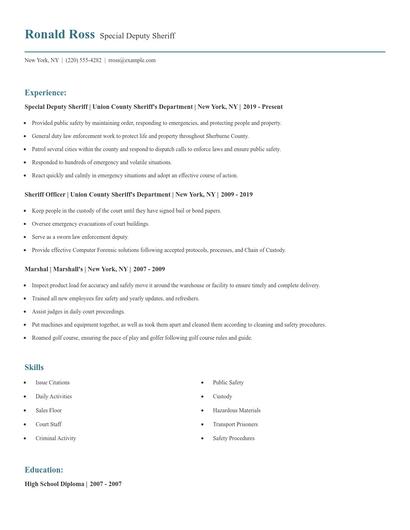 Special Deputy Sheriff Resume
