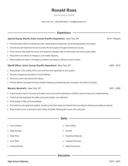 Special Deputy Sheriff Resume