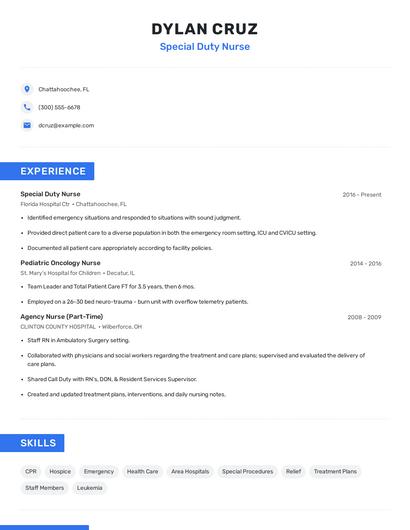 Special Duty Nurse Resume