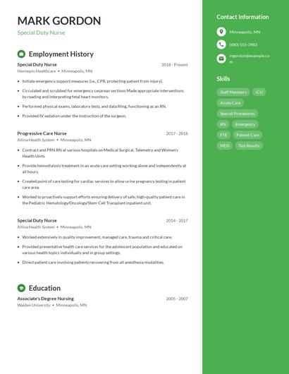 Special Duty Nurse Resume