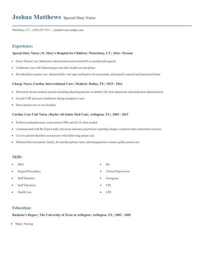 Special Duty Nurse Resume