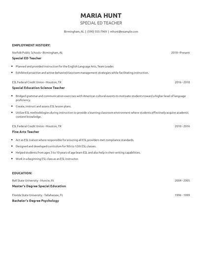 Special ED Teacher Resume