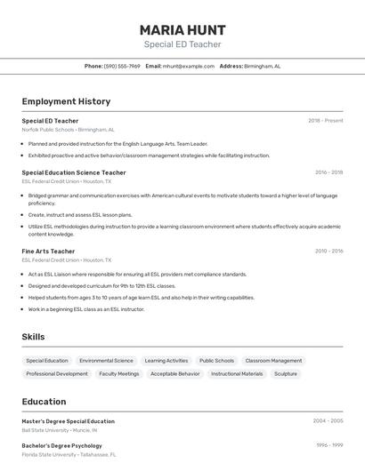 Special ED Teacher Resume
