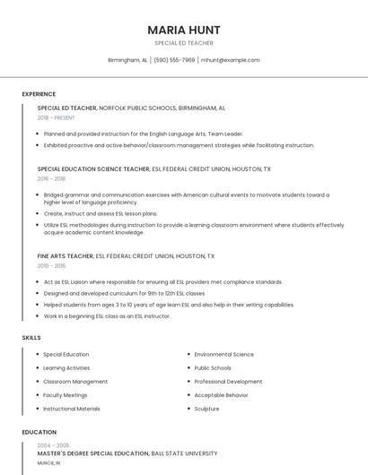 Special ED Teacher Resume