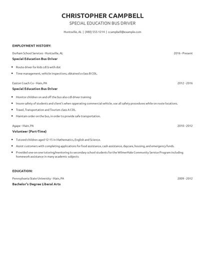 Special Education Bus Driver Resume