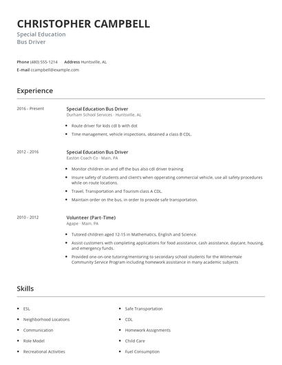 Special Education Bus Driver Resume