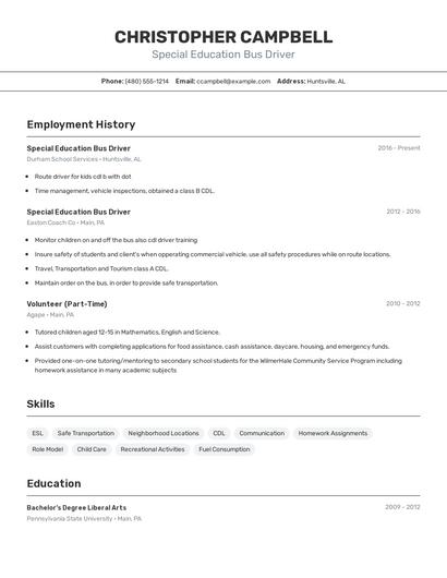 Special Education Bus Driver Resume