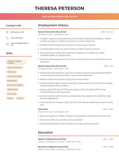 Special Education Bus Driver Resume