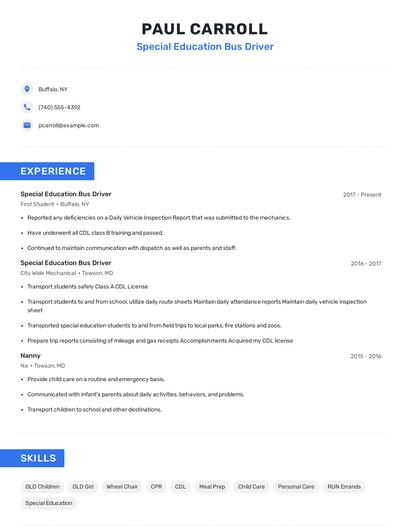Special Education Bus Driver Resume
