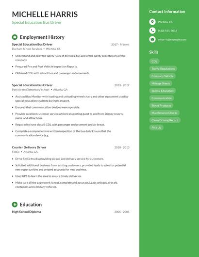 Special Education Bus Driver Resume