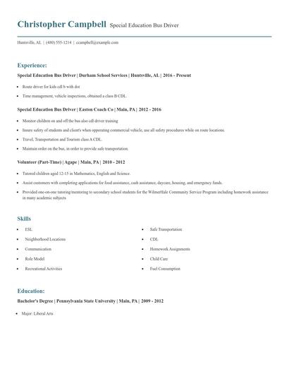 Special Education Bus Driver Resume