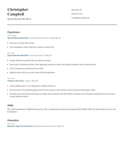 Special Education Bus Driver Resume