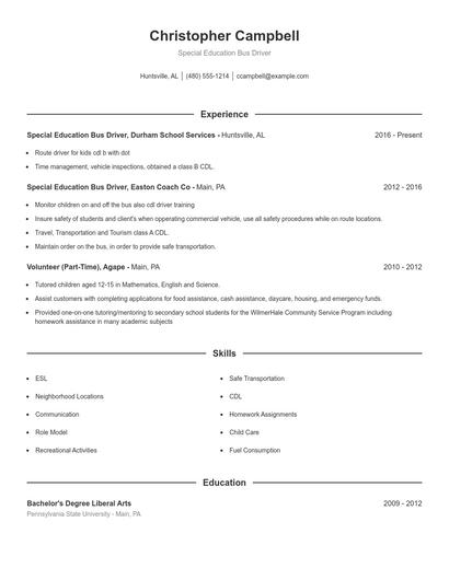 Special Education Bus Driver Resume
