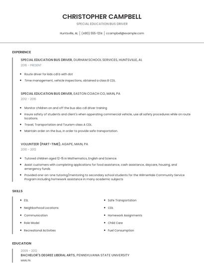 Special Education Bus Driver Resume