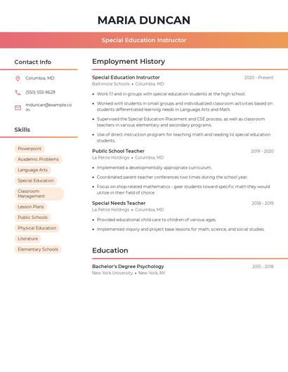 Special Education Instructor Resume