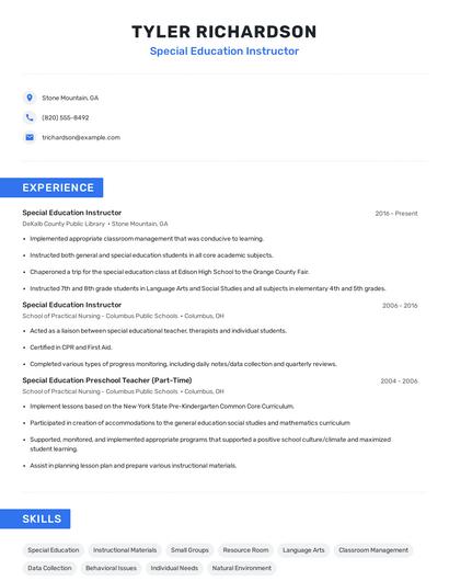 Special Education Instructor Resume