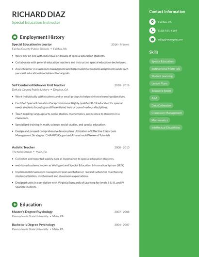 Special Education Instructor Resume