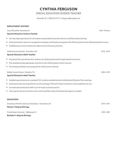 Special Education Science Teacher Resume