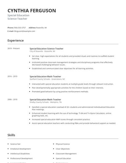 Special Education Science Teacher Resume