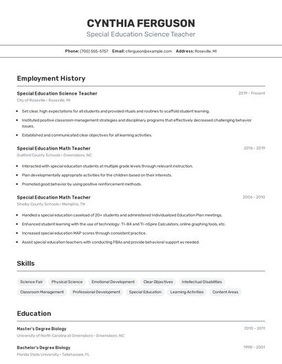 Special Education Science Teacher Resume