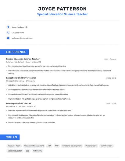 Special Education Science Teacher Resume