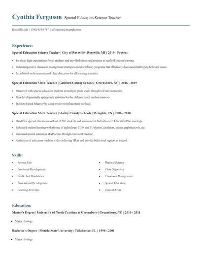 Special Education Science Teacher Resume