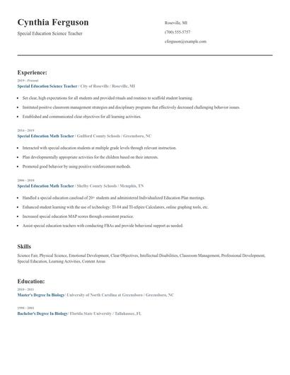 Special Education Science Teacher Resume