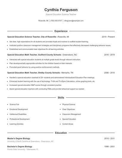 Special Education Science Teacher Resume