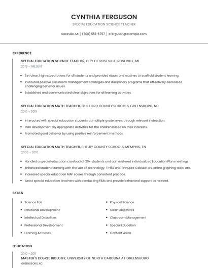 Special Education Science Teacher Resume
