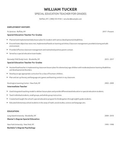 Special Education Teacher For Grades Resume