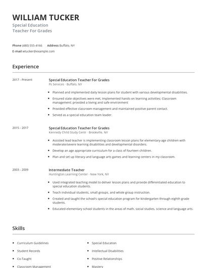 Special Education Teacher For Grades Resume