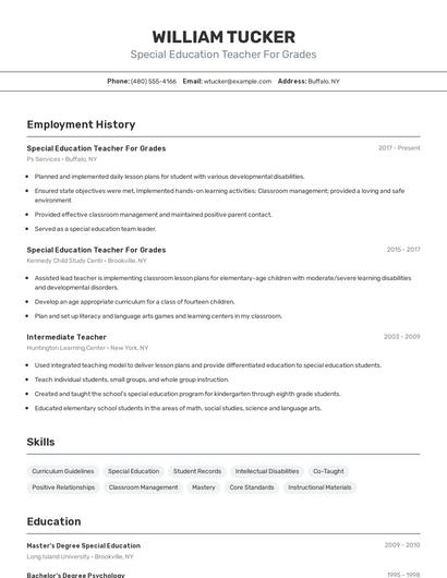 Special Education Teacher For Grades Resume