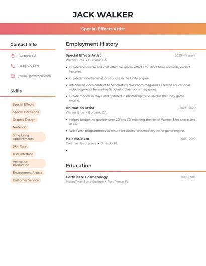 Special Effects Artist Resume