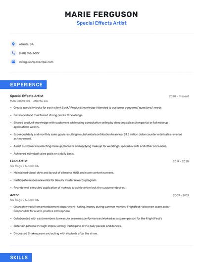 Special Effects Artist Resume