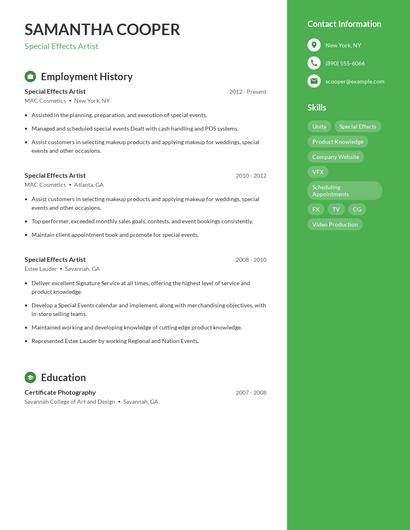 Special Effects Artist Resume