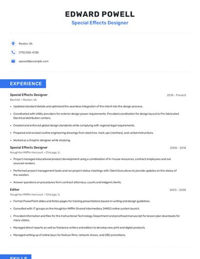 Special Effects Designer Resume