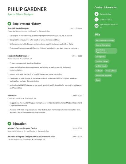 Special Effects Designer Resume