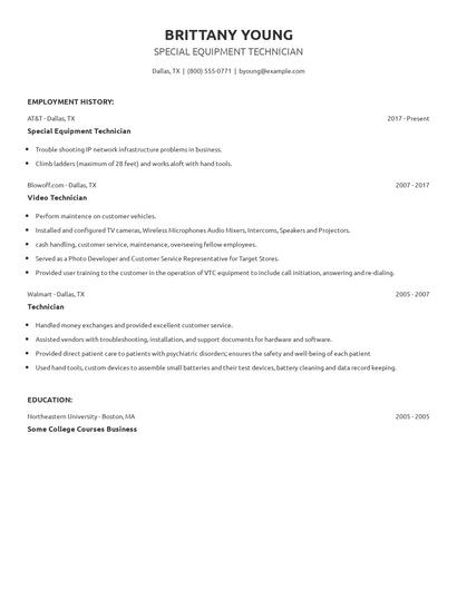 Special Equipment Technician Resume