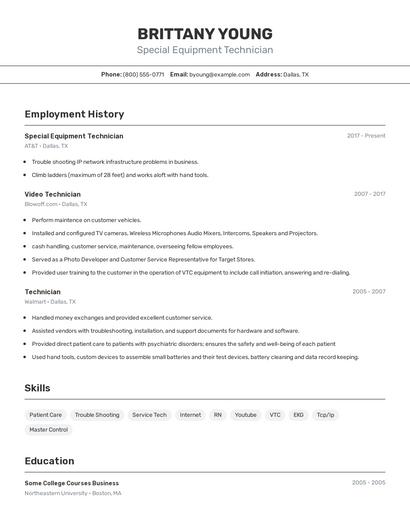 Special Equipment Technician Resume