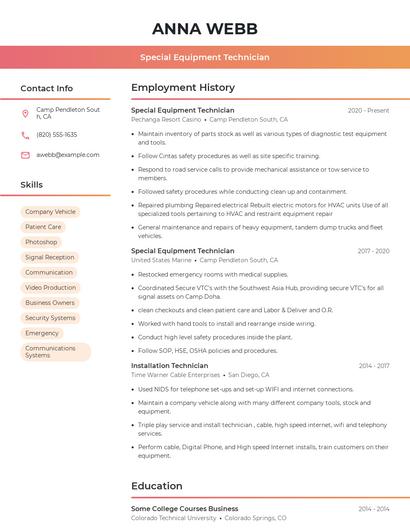 Special Equipment Technician Resume