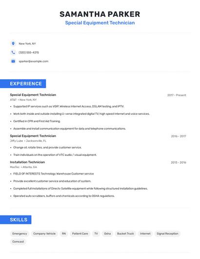 Special Equipment Technician Resume