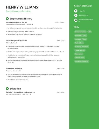 Special Equipment Technician Resume