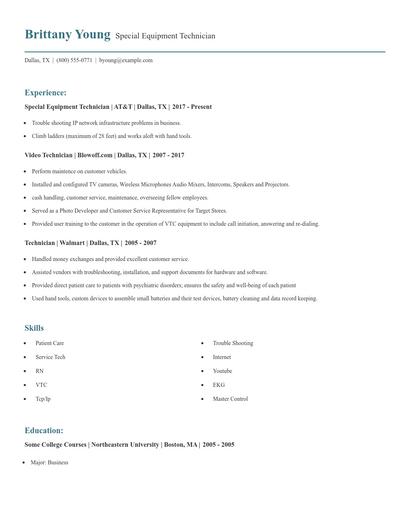 Special Equipment Technician Resume