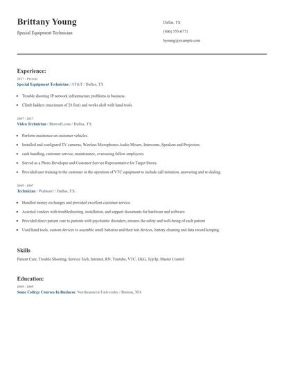 Special Equipment Technician Resume