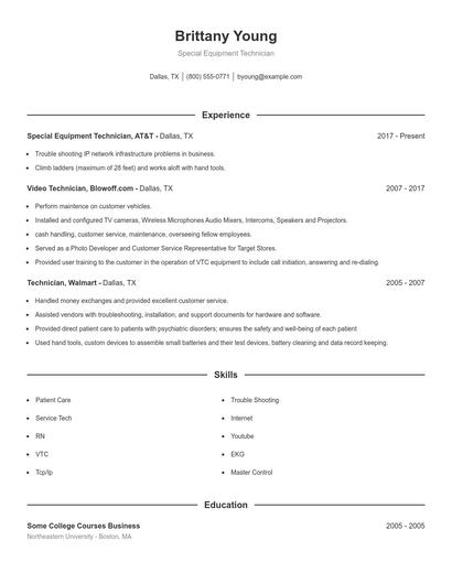 Special Equipment Technician Resume