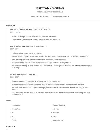 Special Equipment Technician Resume