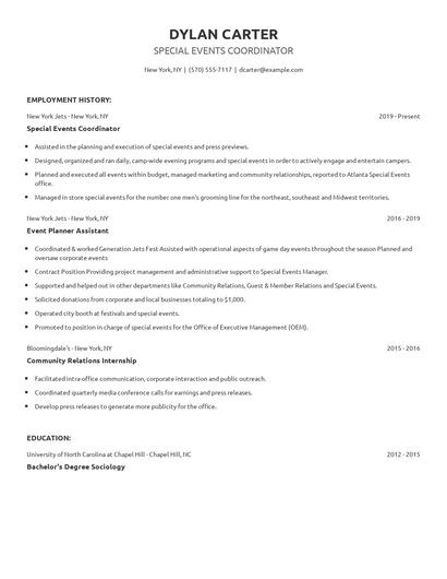 Special Events Coordinator Resume