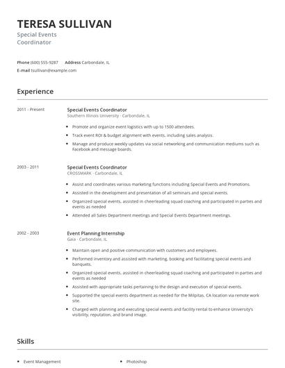 Special Events Coordinator Resume