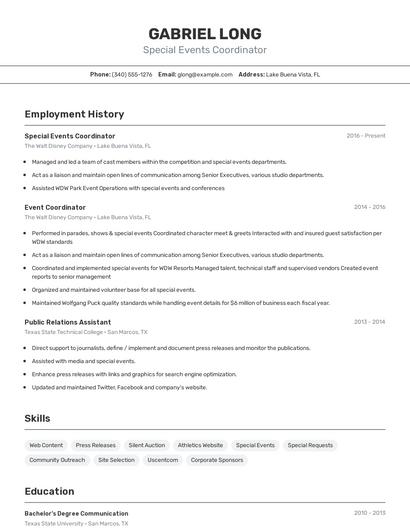 Special Events Coordinator Resume