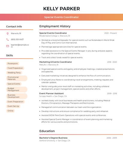 Special Events Coordinator Resume